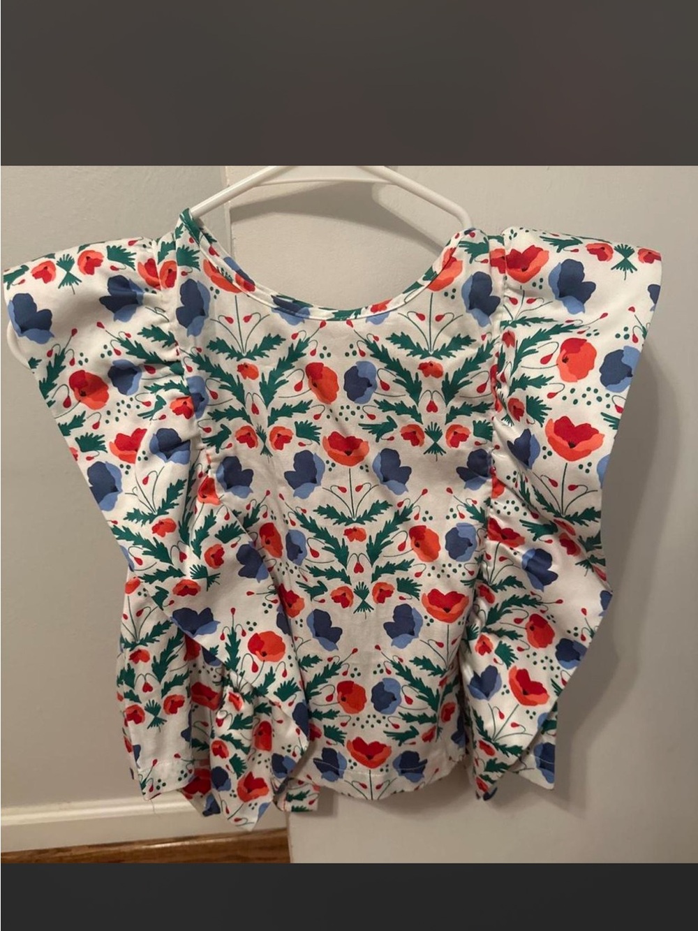 Emily McCarthyFloral Flutter Sleeve Women's Top in White with Red & Blue Flowers